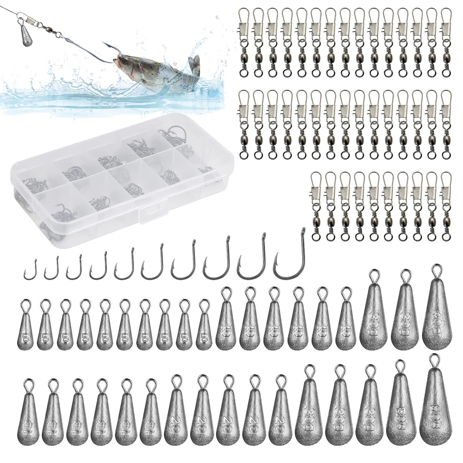 Kit de surfcasting: plomos, anzuelos y emerillones (125 piezas)
