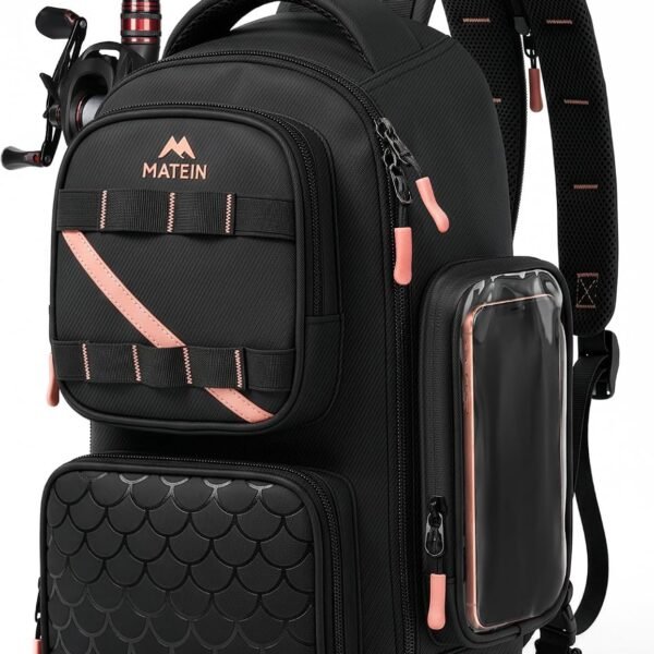 Mochila de pesca con soporte para caña y funda de móvil