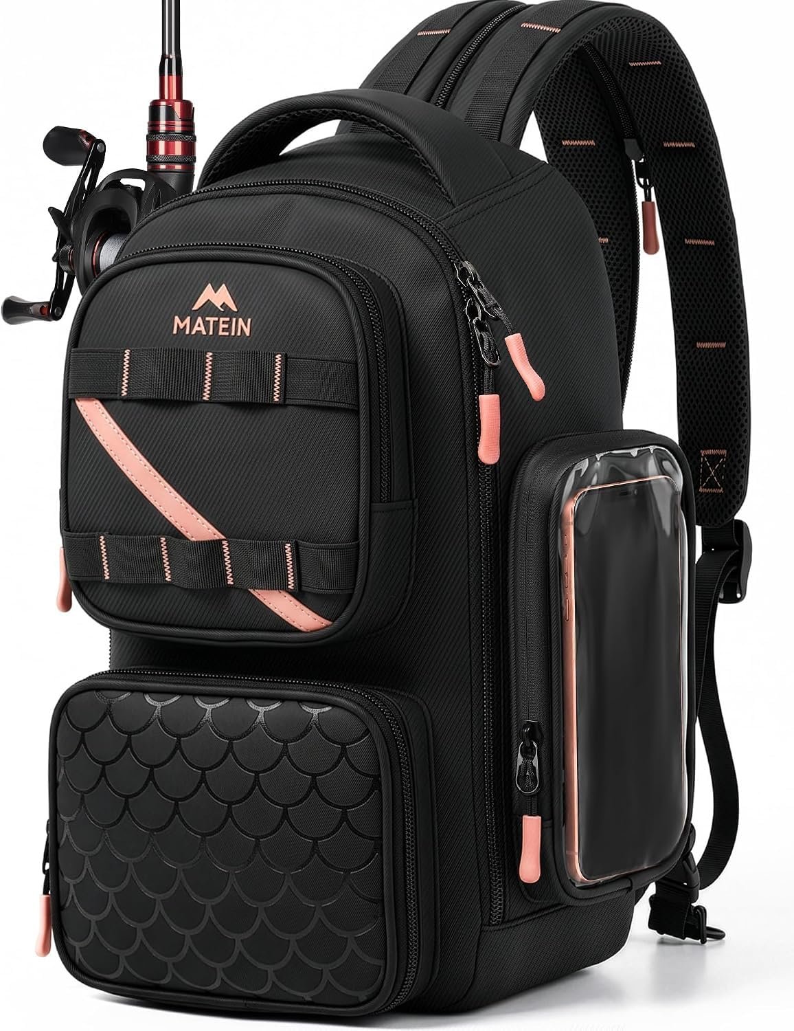 Mochila de pesca con soporte para caña y funda de móvil