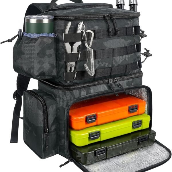 Mochila de pesca impermeable con portacañas